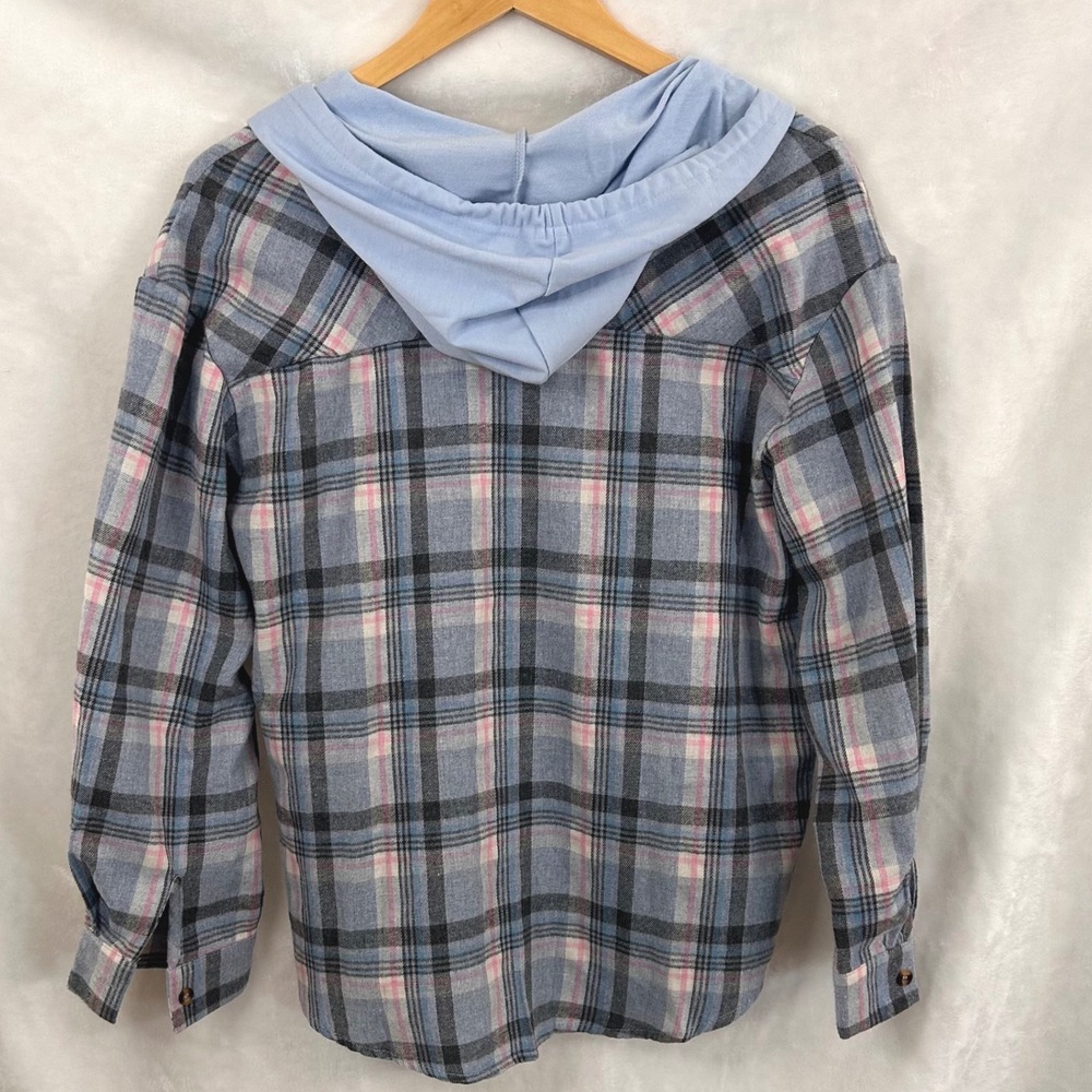 Womens Blue Plaid Hooded Flannel Shirt Button Up Long Sleeve Size M Relaxed Fit - Picture 3 of 6